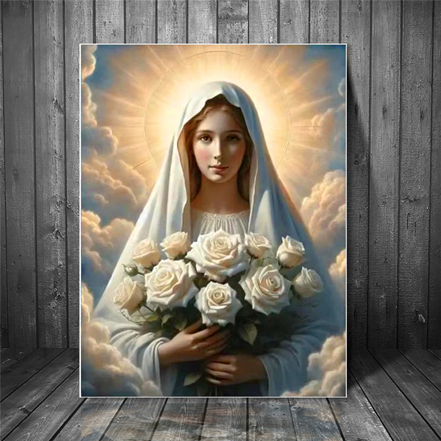 Resin Art Mary - Virgin Mary holding white rose in