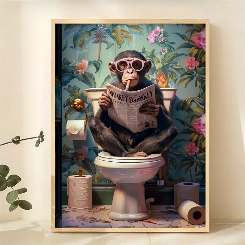 Resin Art On Canvas - Humorous Monkey on Toilet Reading Newspaper