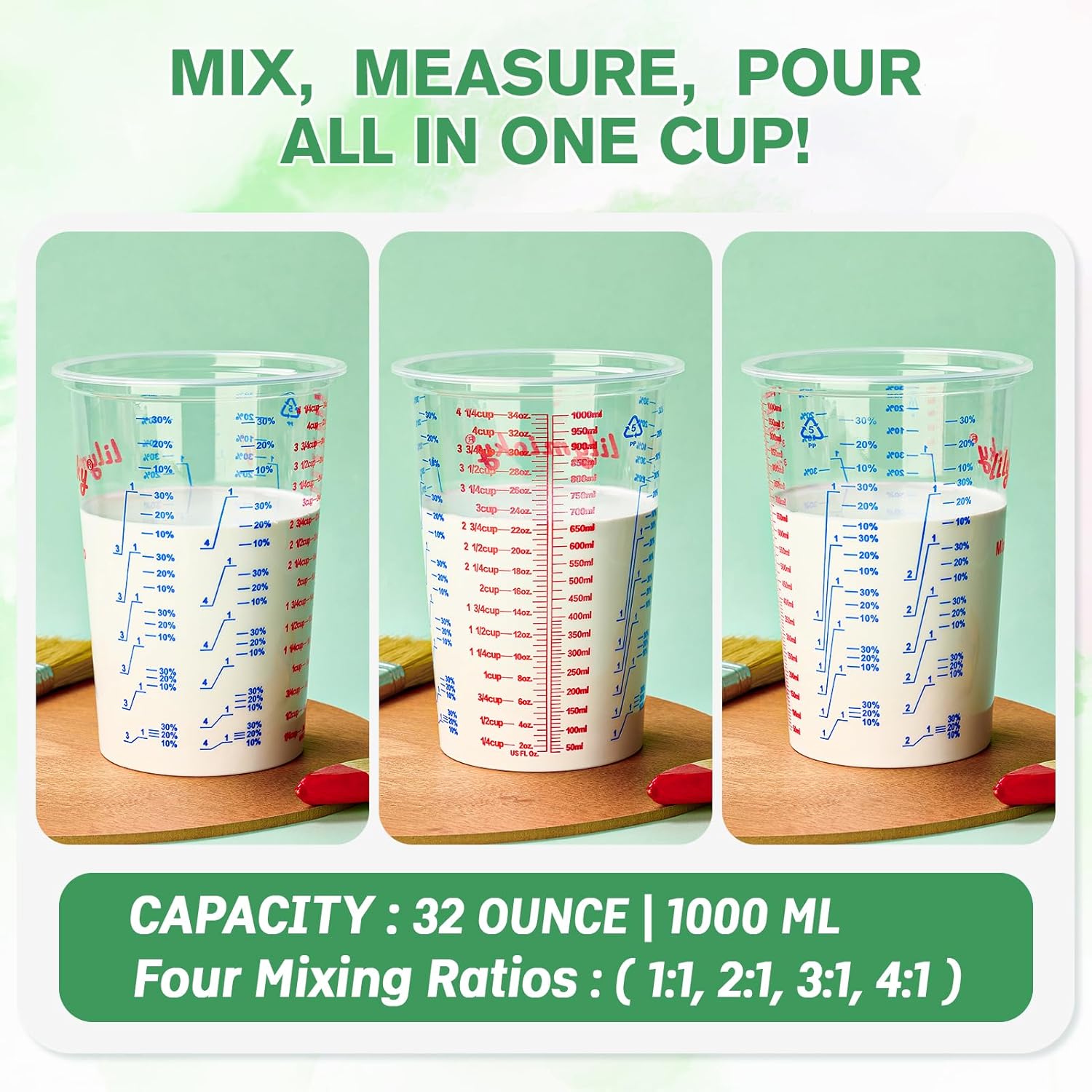 25 Pack 32 oz Plastic Measurin - огляд і ціна Resin Art Ratio